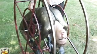 Bondage torture wheel used perfectly on stupid bitch