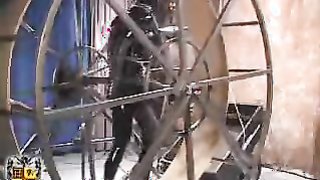 Giant hamster wheel for a busty slave bitch in latex