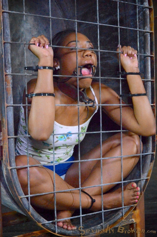 Caged ebony slave sucks a big black sausage