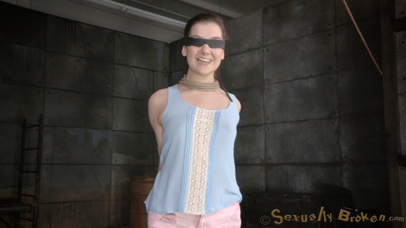 Blindfolded teen in blue dress sucks a dick with tied hands